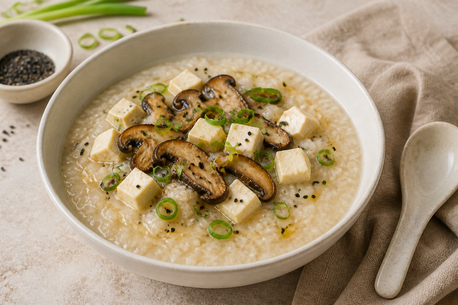 Creamy ginger brown rice congee topped with mushrooms, tofu, spring onions and black sesame