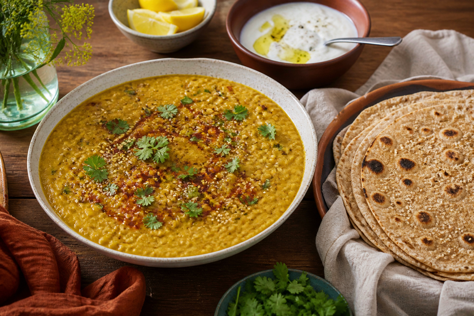 Golden mung dal with sesame chapatis on a family Sunday table