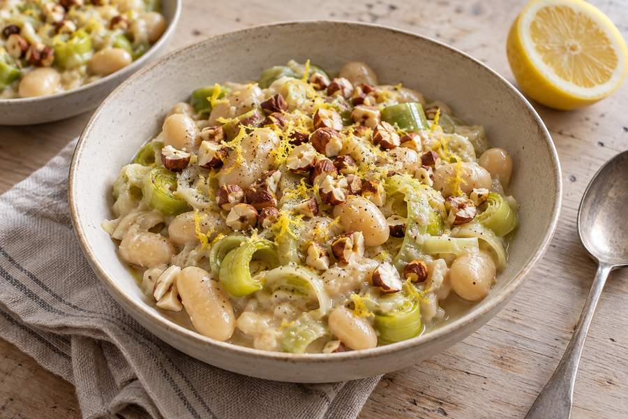 Lemony butter beans and soft leeks topped with chopped toasted hazelnuts