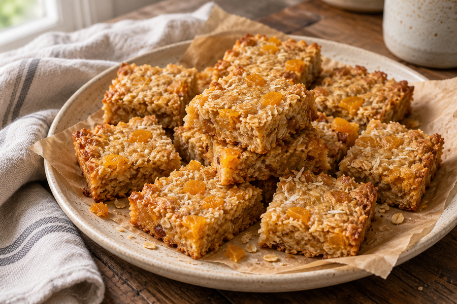 Golden oat flapjack squares with chewy dried mango and desiccated coconut on baking parchment