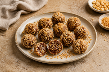 Date and peanut bites coated with toasted coconut, one cut open