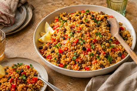 Moroccan-style chickpea, sultana and bulghur pilaf with peppers, parsley and lemon