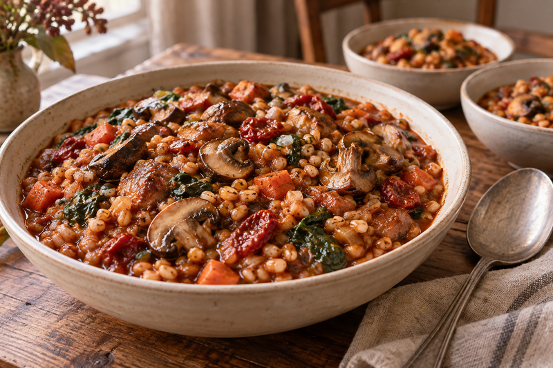 Thick mushroom, tomato and pearl barley stew with carrots and spinach in a cream serving bowl