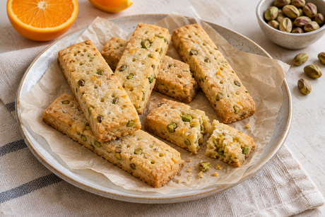 Golden orange and pistachio shortbread fingers on baking parchment