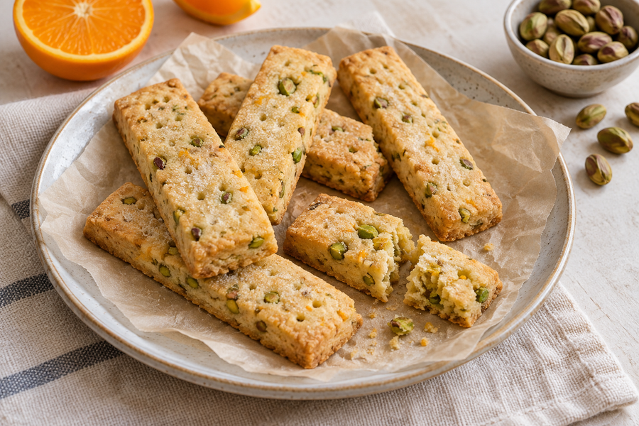 Golden orange and pistachio shortbread fingers on baking parchment