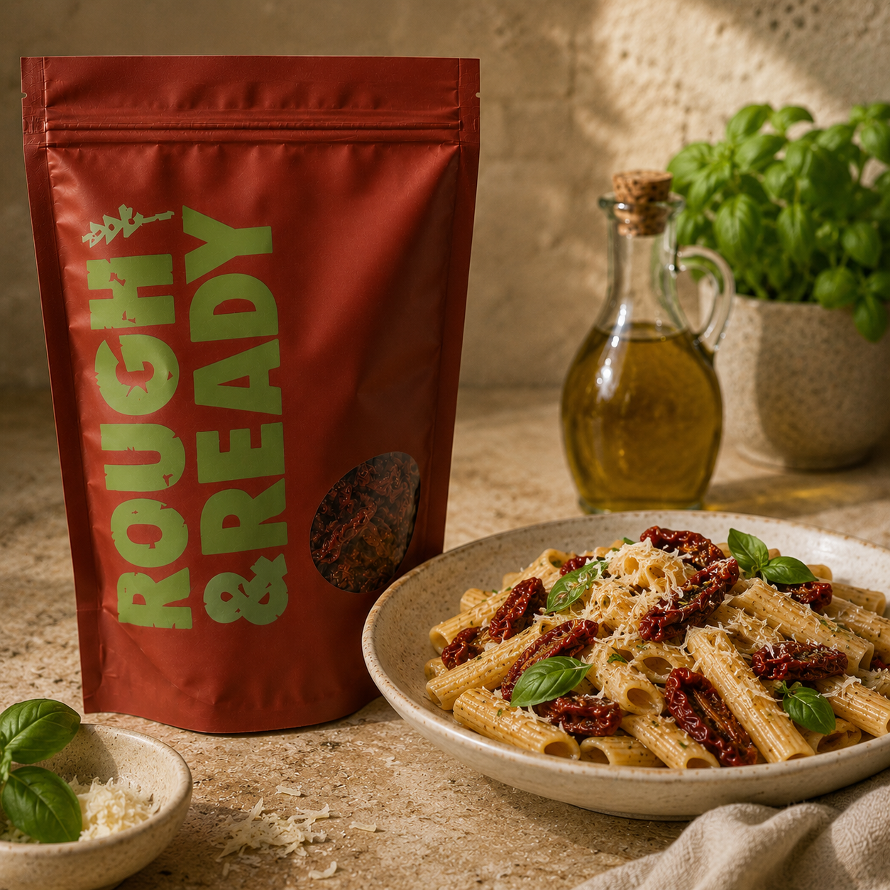 Organic sun-dried tomatoes beside a bowl of pasta with basil and olive oil