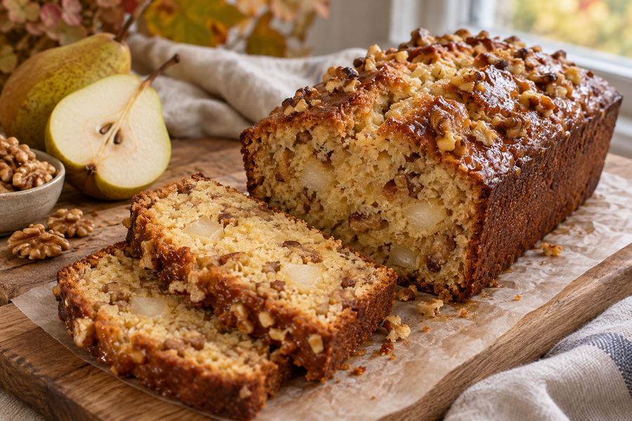 Golden pear and walnut loaf with a light syrup glaze and two thick slices
