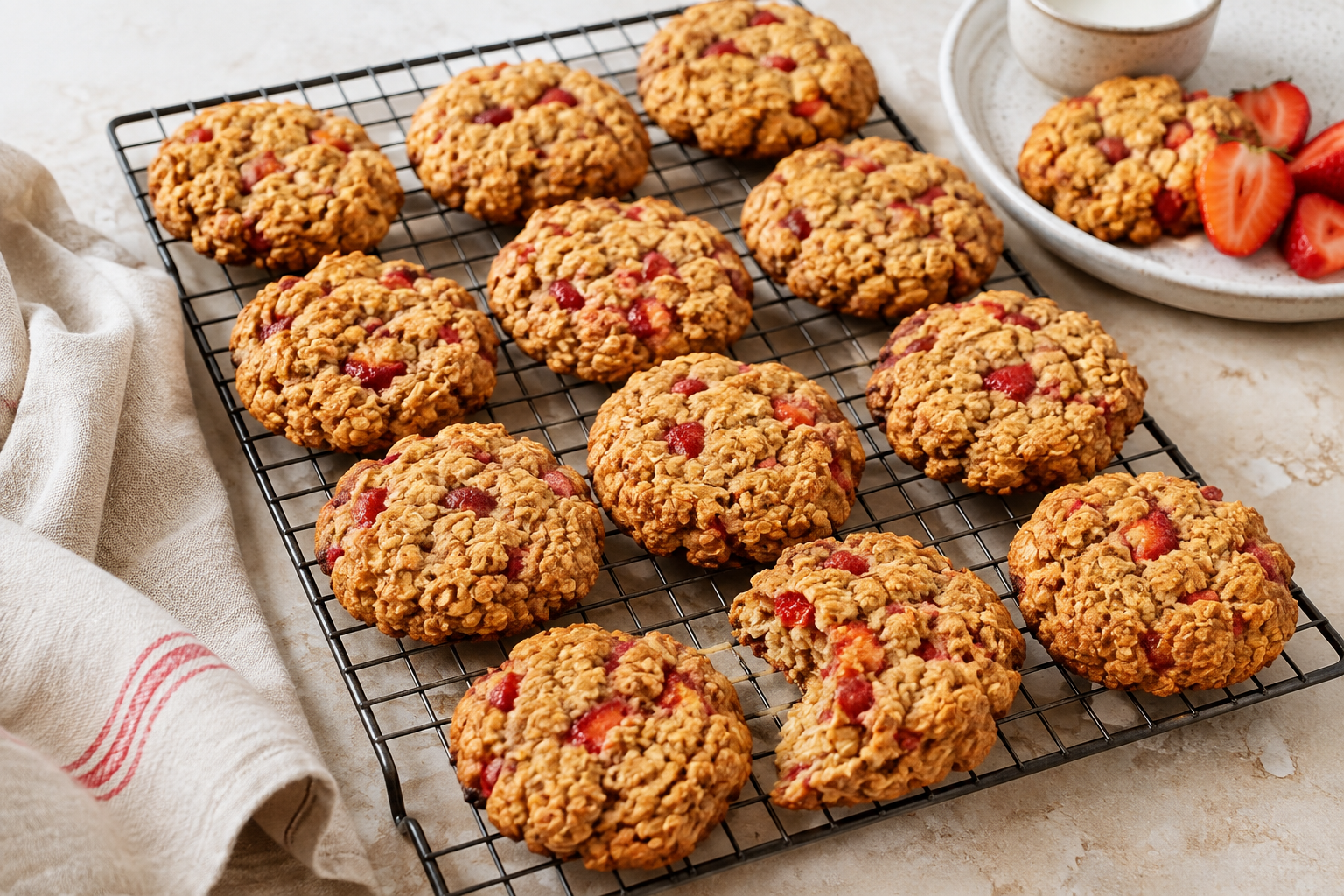 Golden rhubarb and strawberry granola breakfast cookies cooling on a rack