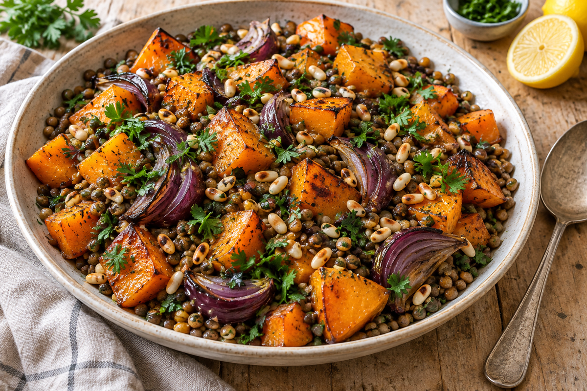 Roast butternut squash and red onion on brown lentils with toasted pine nuts and parsley