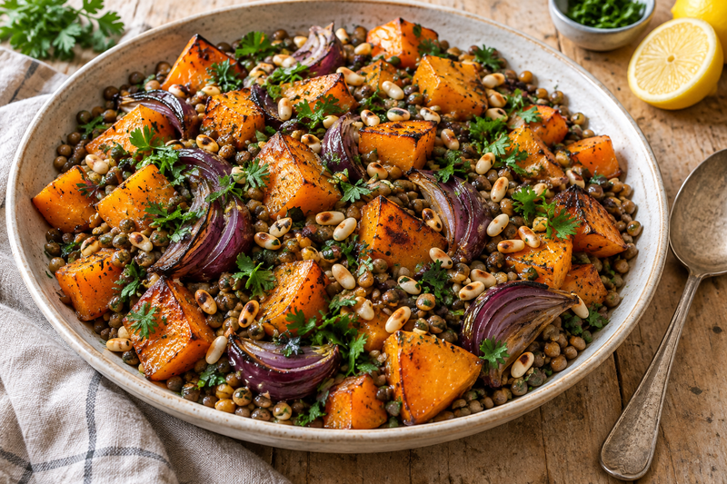 Roast butternut squash and red onion on brown lentils with toasted pine nuts and parsley