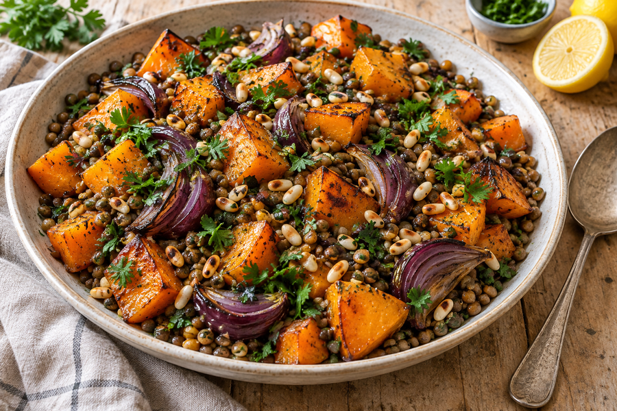 Roast butternut squash and red onion on brown lentils with toasted pine nuts and parsley