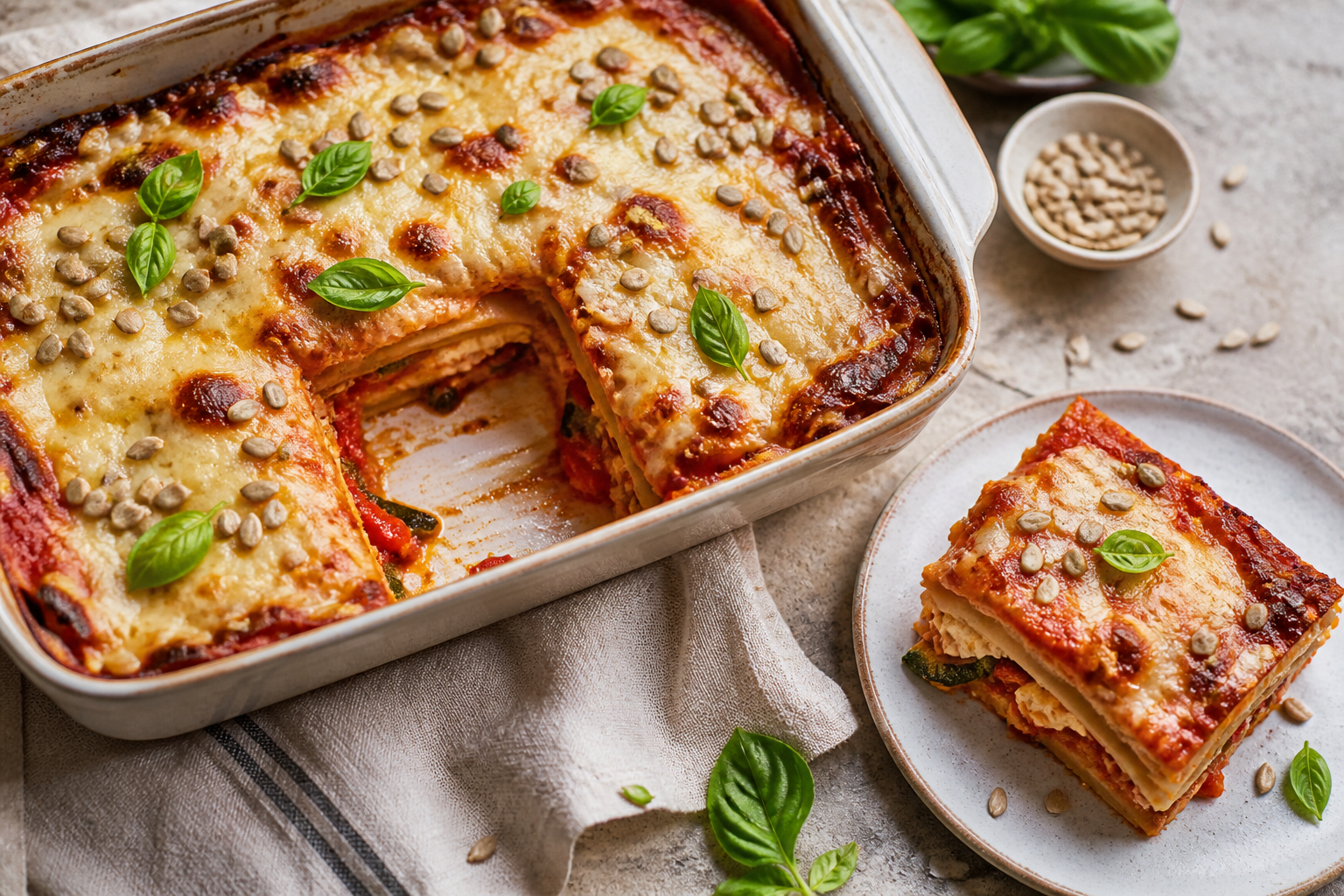 Roasted pepper, courgette and ricotta wholewheat lasagne topped with sunflower seeds