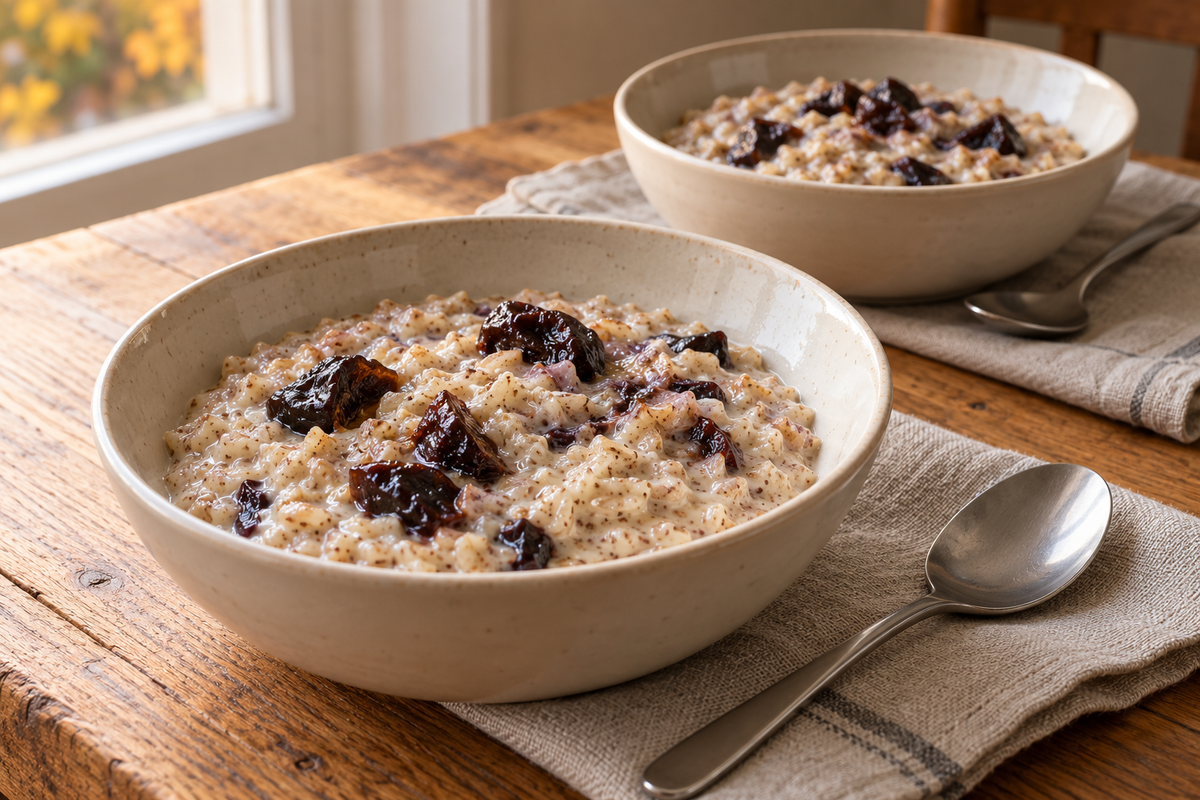 Creamy rye porridge with soft chopped prunes in two cream breakfast bowls