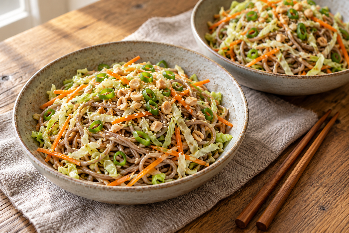 Soba noodle salad with shredded cabbage, carrot, spring onion, roasted peanuts and toasted sesame
