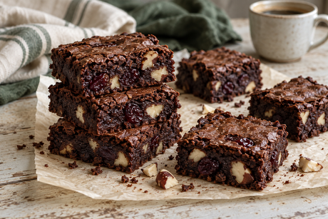 Cocoa brownie squares with sour cherries and chopped Brazil nuts on baking parchment