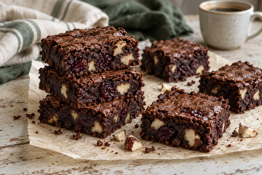 Cocoa brownie squares with sour cherries and chopped Brazil nuts on baking parchment
