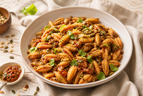 Sun-dried tomato, pumpkin seed and pine nut pesto pasta