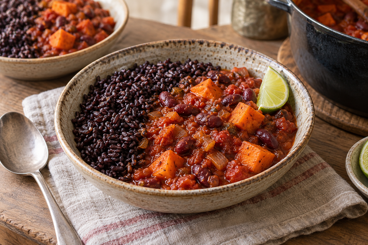 Sweet potato and kidney bean chilli served with black rice and lime
