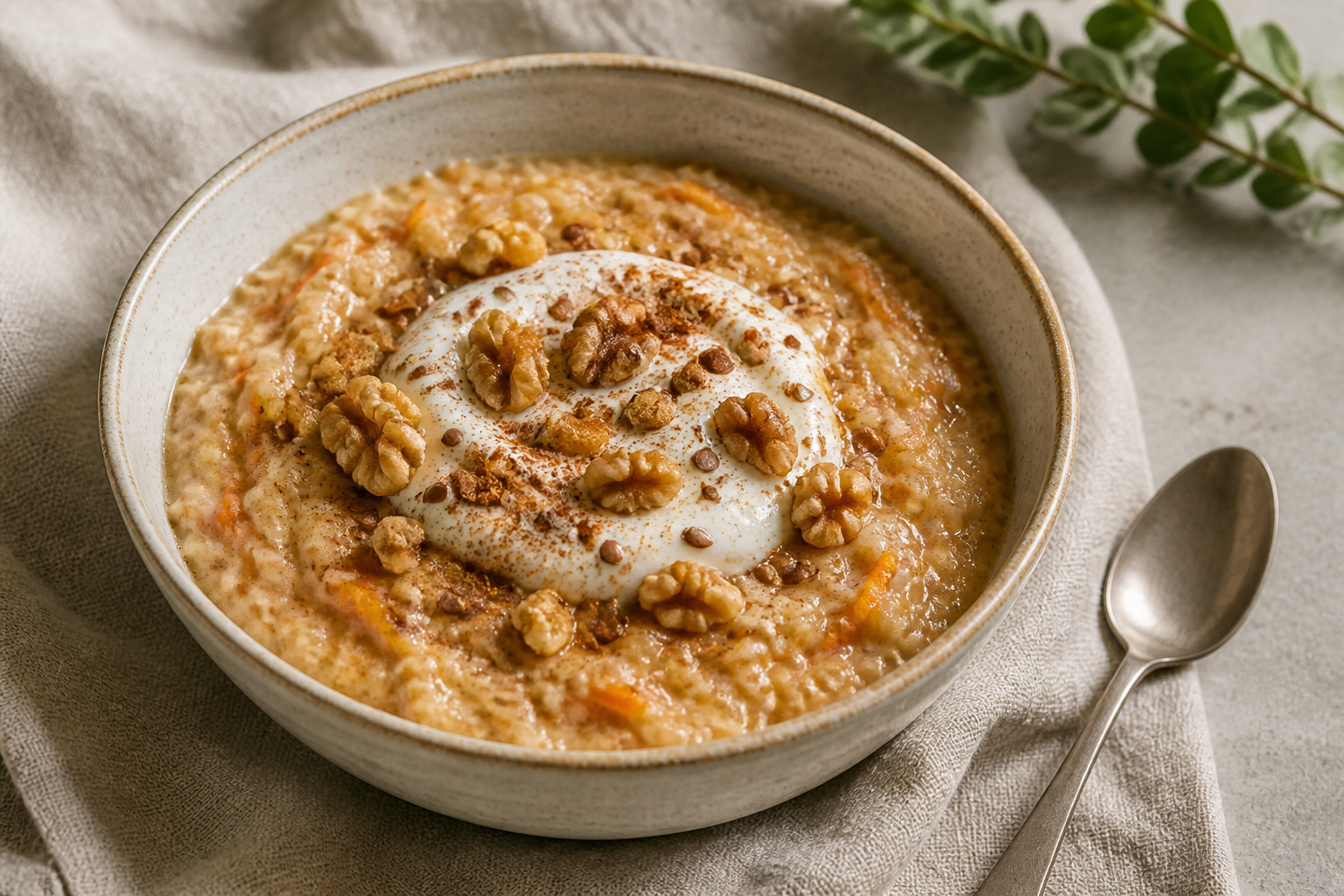 Carrot cake porridge with golden flaxseed and walnuts