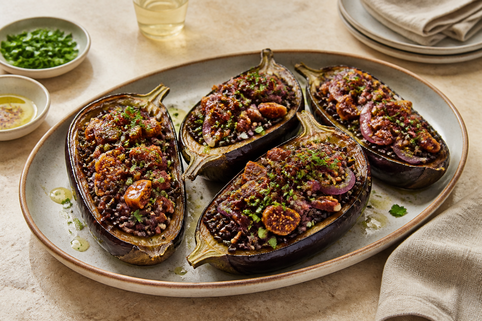 Wild rice, fig and pecan stuffed aubergines on a sharing platter