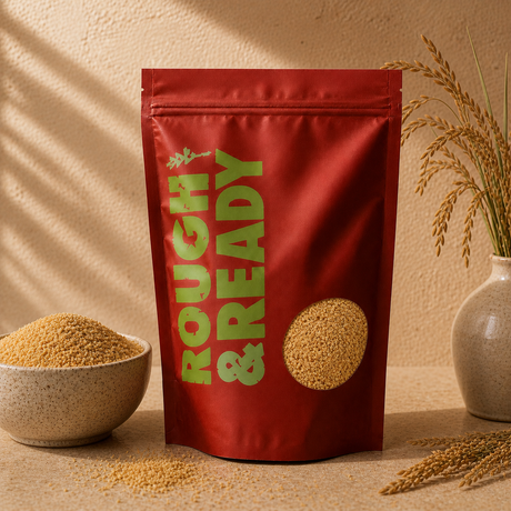 Organic Wheatgerm and 1% Bran in a Rough & Ready pouch with a ceramic ingredient bowl
