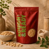Organic Dry Roasted Peanuts in a Rough & Ready pouch with a ceramic bowl of peanuts