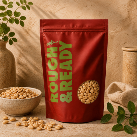Organic Dry Roasted Peanuts in a Rough & Ready pouch with a ceramic bowl of peanuts