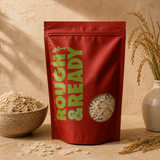 Organic Brown Rice Flakes in a Rough & Ready pouch with a ceramic bowl of flakes