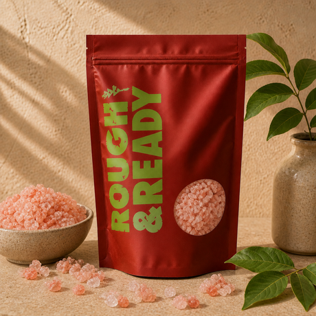 Organic Pink Himalayan Salt in a Rough & Ready pouch with coarse pink crystals