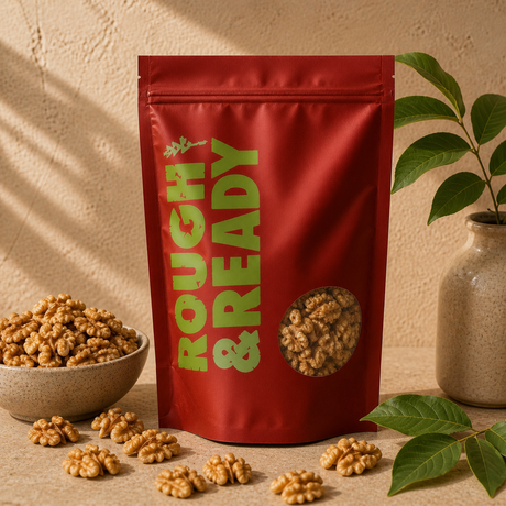 Organic Walnut Halves in a Rough & Ready pouch with a ceramic bowl of walnuts