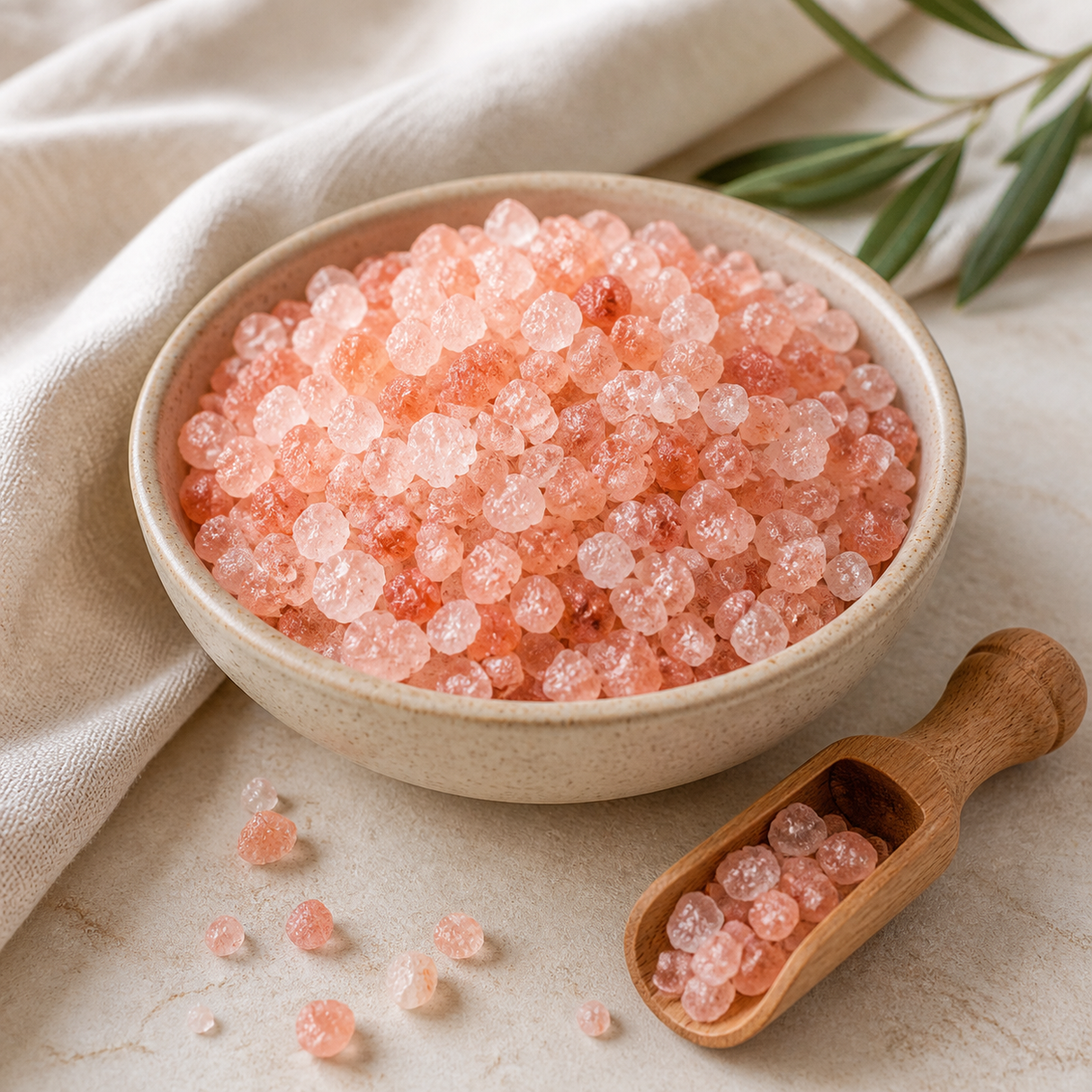 Coarse Organic Pink Himalayan Salt in a ceramic bowl with a wooden scoop