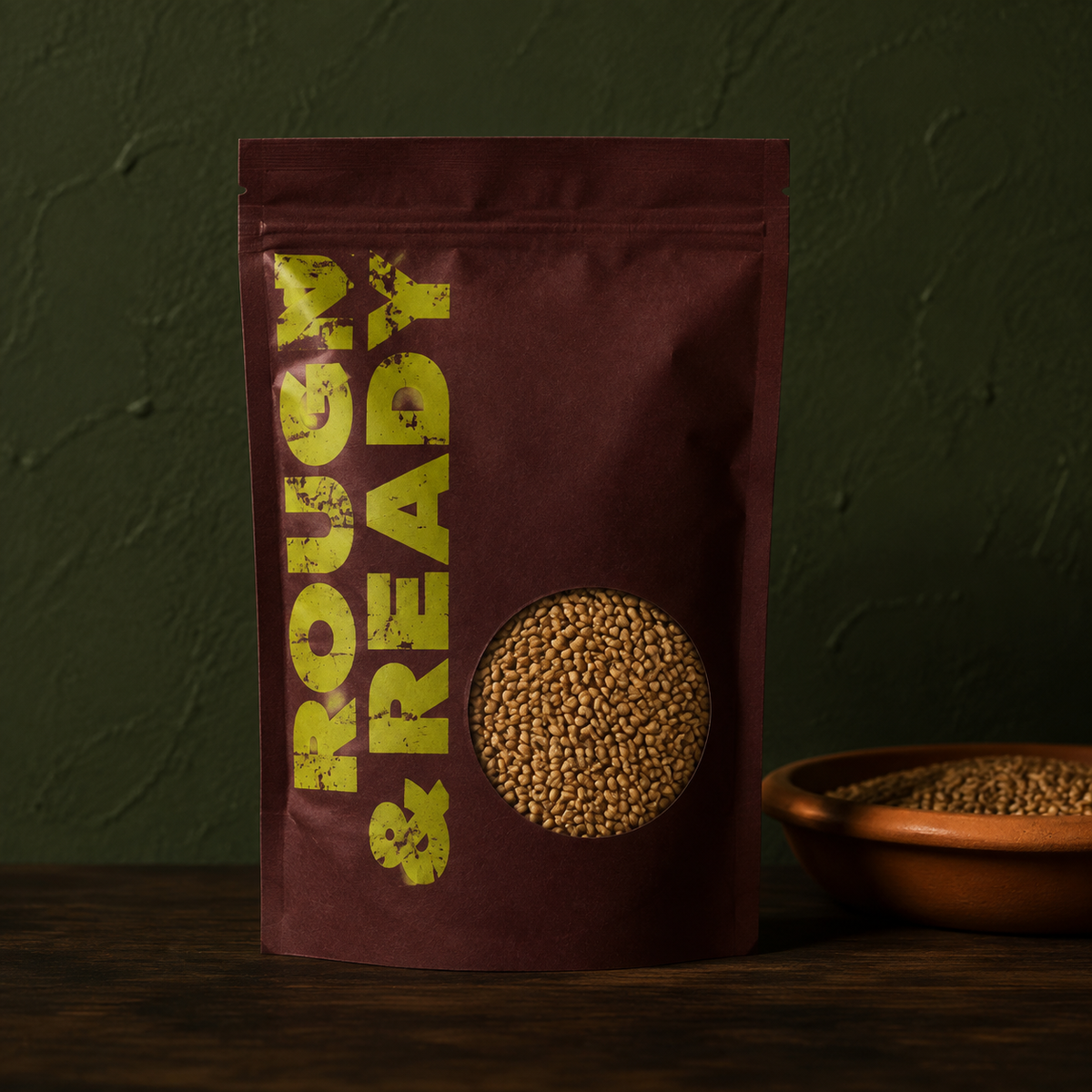 Rough & Ready pouch with organic wheat grain