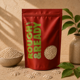 Organic Pinhead Oats in a Rough & Ready pouch with a ceramic bowl of oats