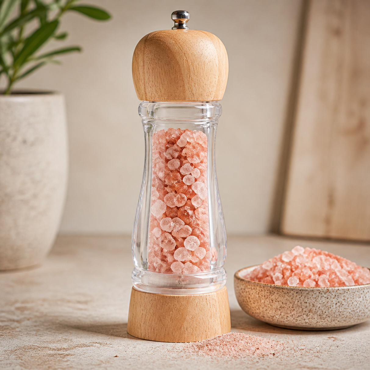 Clear salt grinder filled with coarse Organic Pink Himalayan Salt