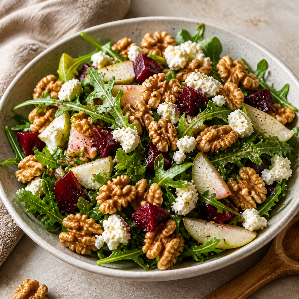 Organic Walnut Halves in a beetroot, pear, rocket and soft cheese salad
