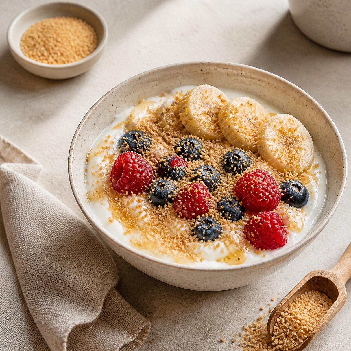 Organic Wheatgerm and 1% Bran sprinkled over yoghurt with banana, berries and honey
