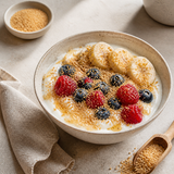 Organic Wheatgerm and 1% Bran sprinkled over yoghurt with banana, berries and honey
