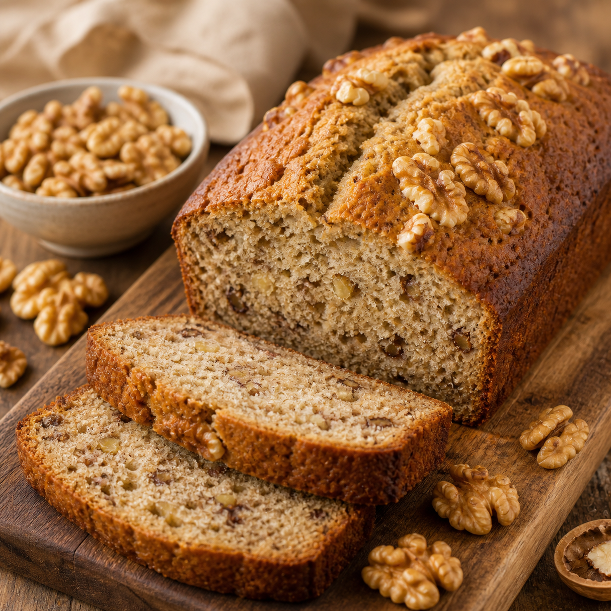 Homemade banana-walnut loaf made with Organic Walnut Halves
