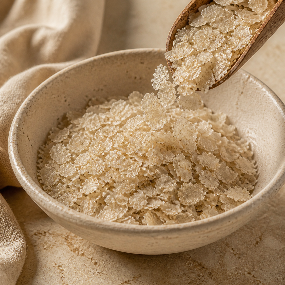 Organic Brown Rice Flakes pouring from a wooden scoop into a ceramic bowl