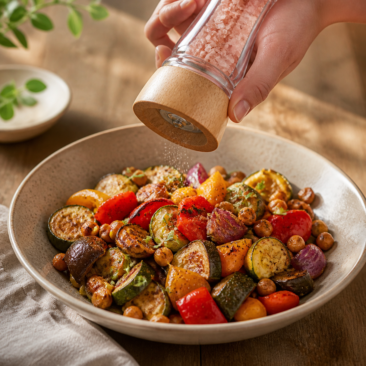 Organic Pink Himalayan Salt being freshly ground over roasted vegetables