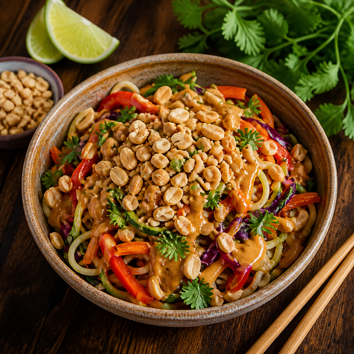 Thai-style vegetable noodles topped with Organic Dry Roasted Peanuts