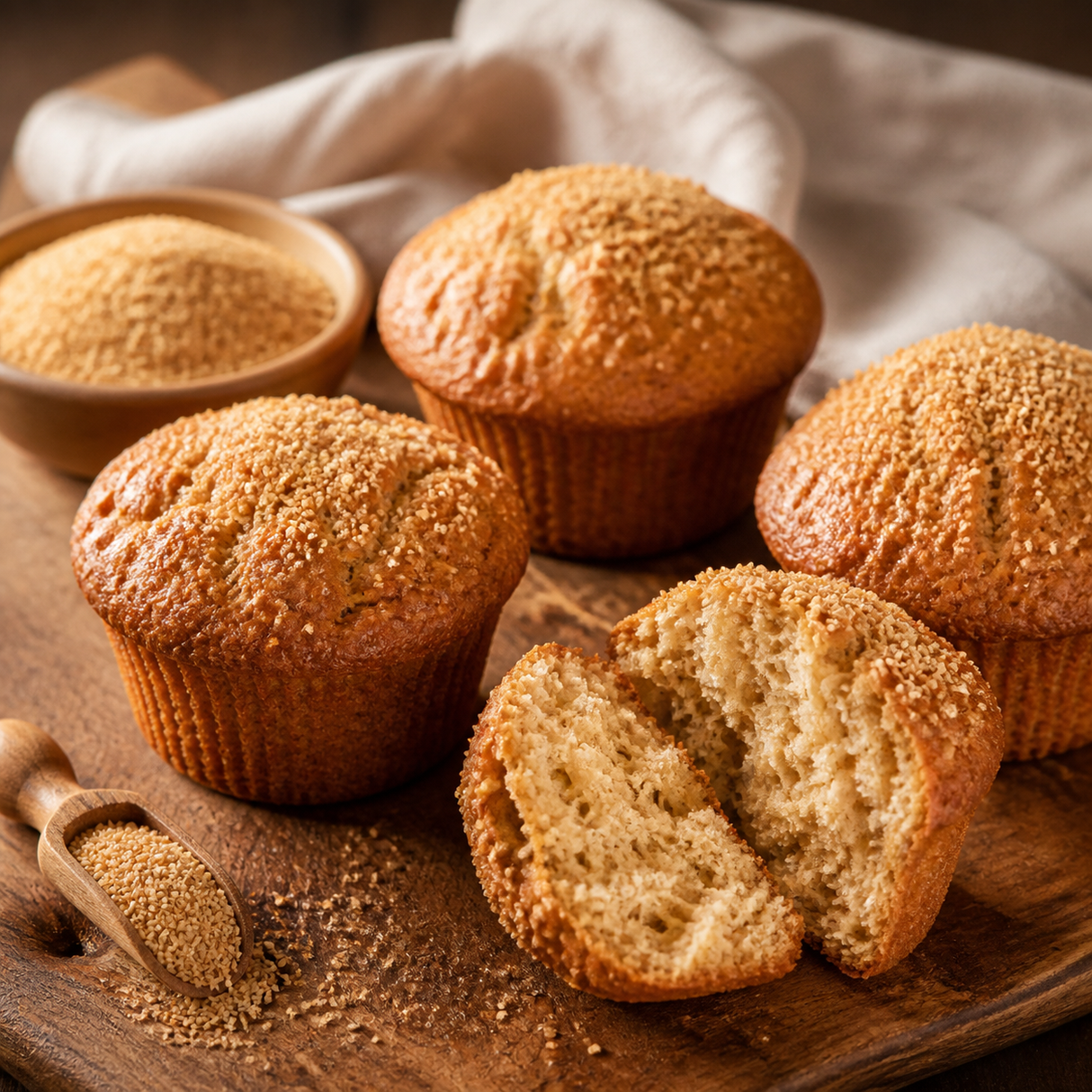 Golden homemade muffins made with Organic Wheatgerm and 1% Bran
