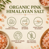 Organic Pink Himalayan Salt product facts including coarse crystals, origin and allergen information