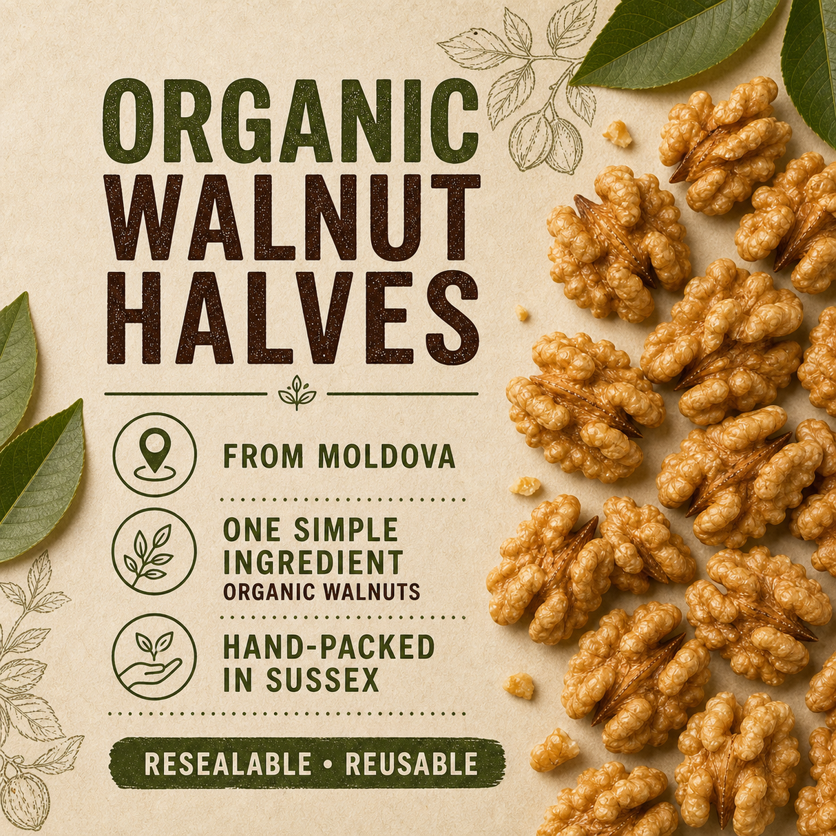 Organic Walnut Halves from Moldova, hand-packed in Sussex in a resealable reusable pouch