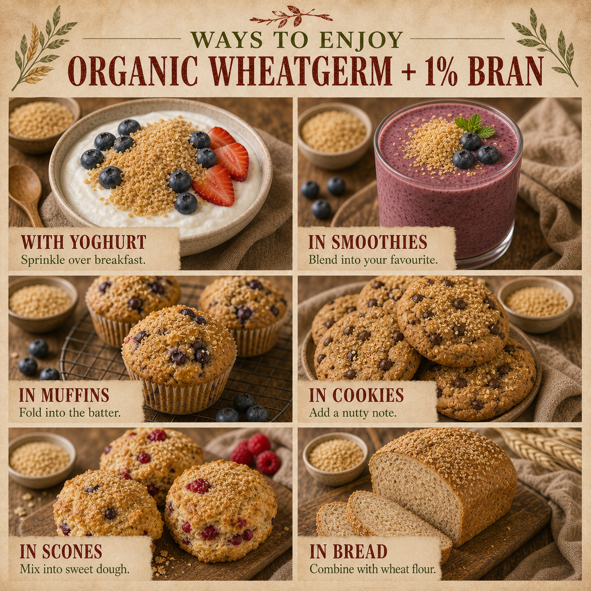 Ways to enjoy Organic Wheatgerm and 1% Bran in yoghurt, smoothies, muffins, cookies, scones and bread