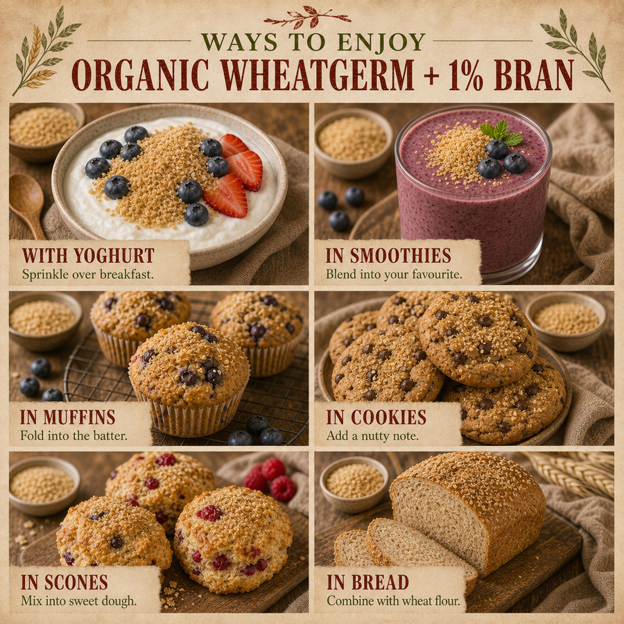 Ways to enjoy Organic Wheatgerm and 1% Bran in yoghurt, smoothies, muffins, cookies, scones and bread
