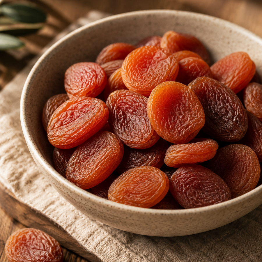 Bowl of dried apricots on a wooden surface with a leafy branch in the background