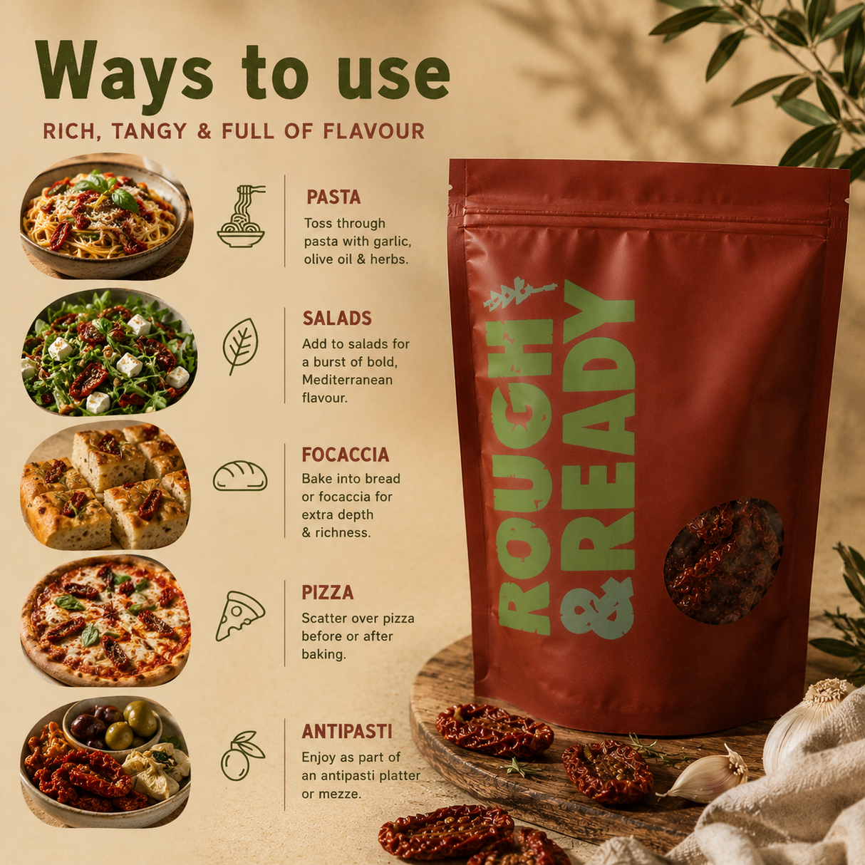 Red package labeled 'Rough & Ready' with text on how to use it for various dishes.