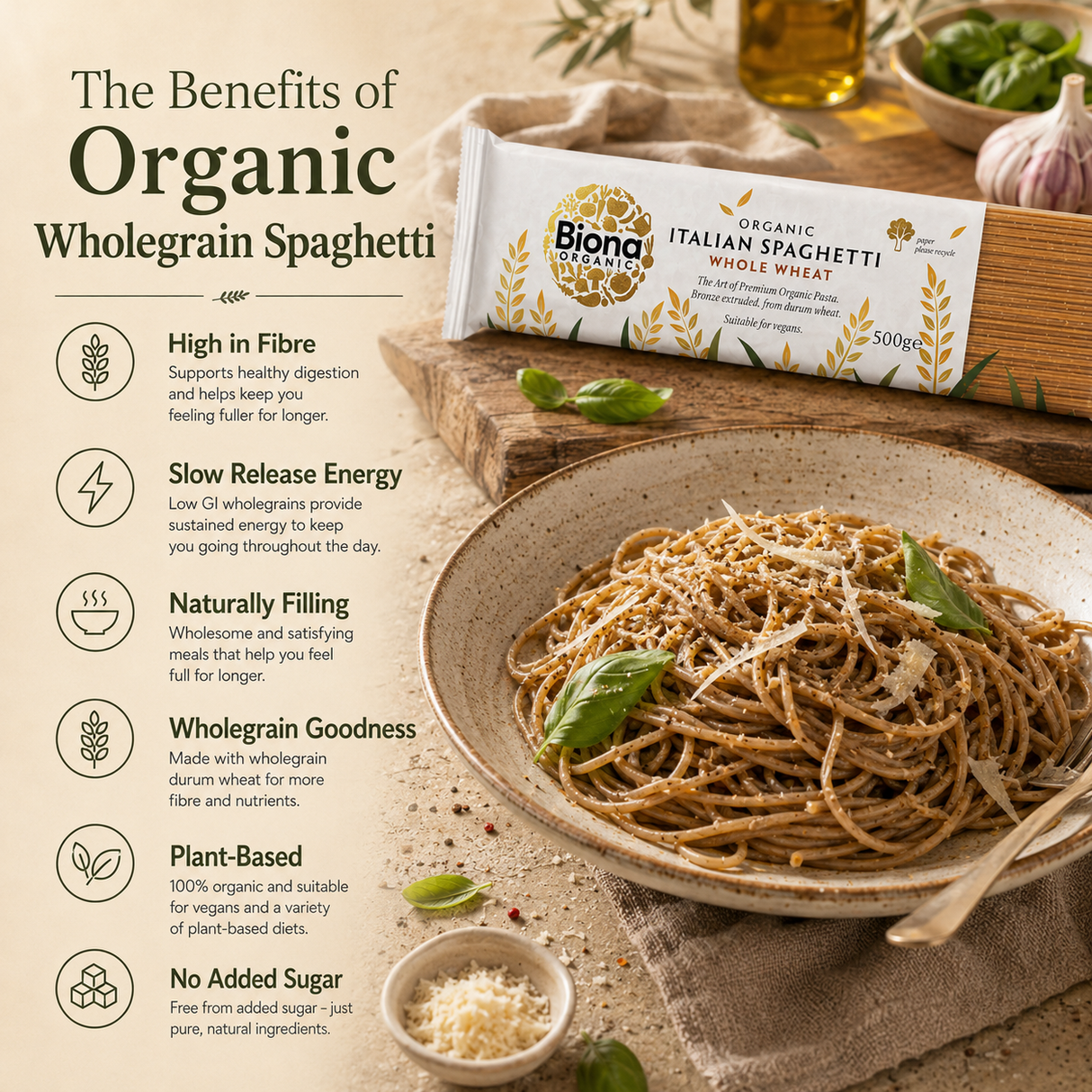 Biona organic wholegrain spaghetti package with a bowl of pasta on a wooden table.