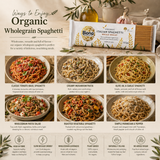 Promotional image for Biona Organic Italian Spaghetti with various pasta dishes and product packaging.